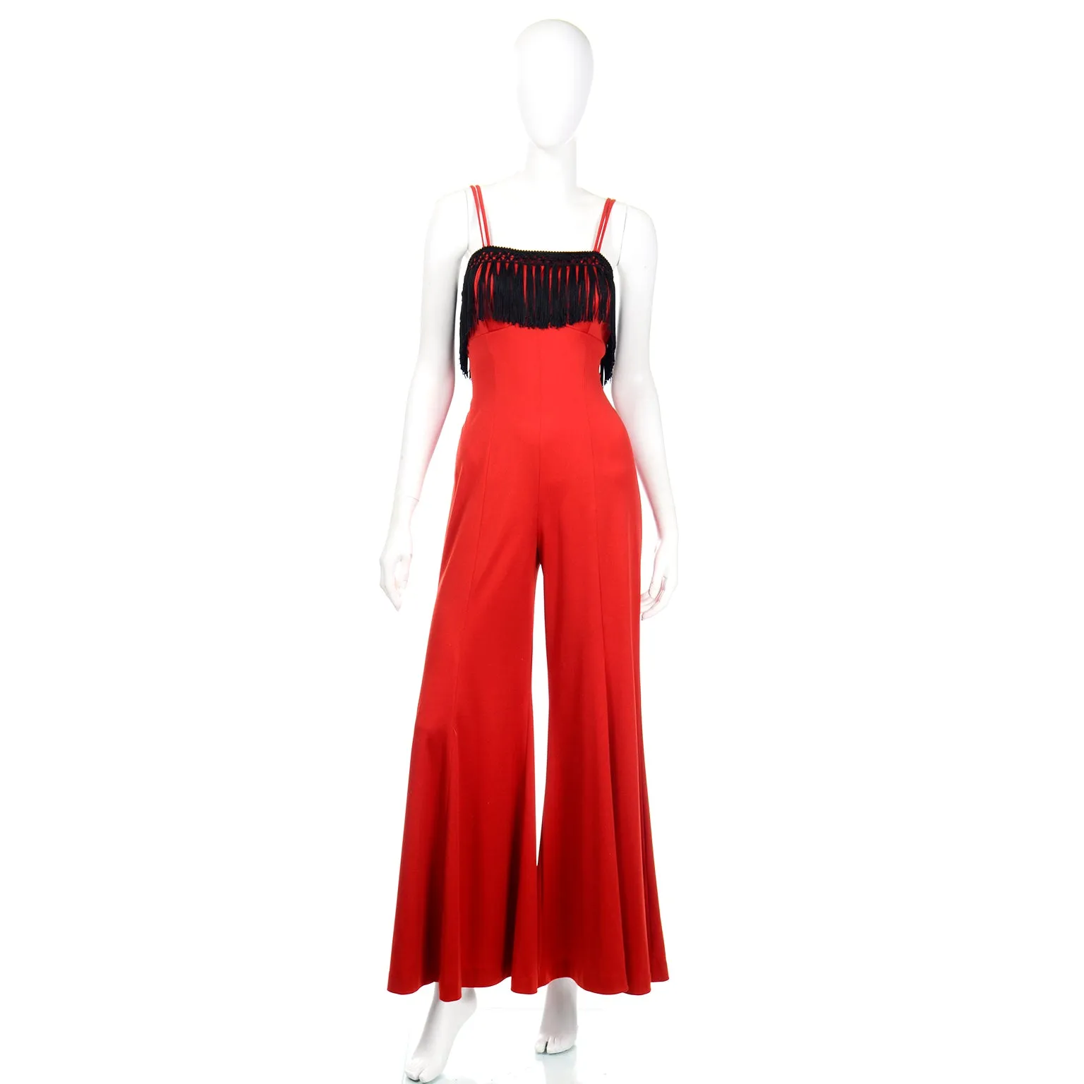 1970s Fredericks of Hollywood Red Jersey Jumpsuit with Black Fringe