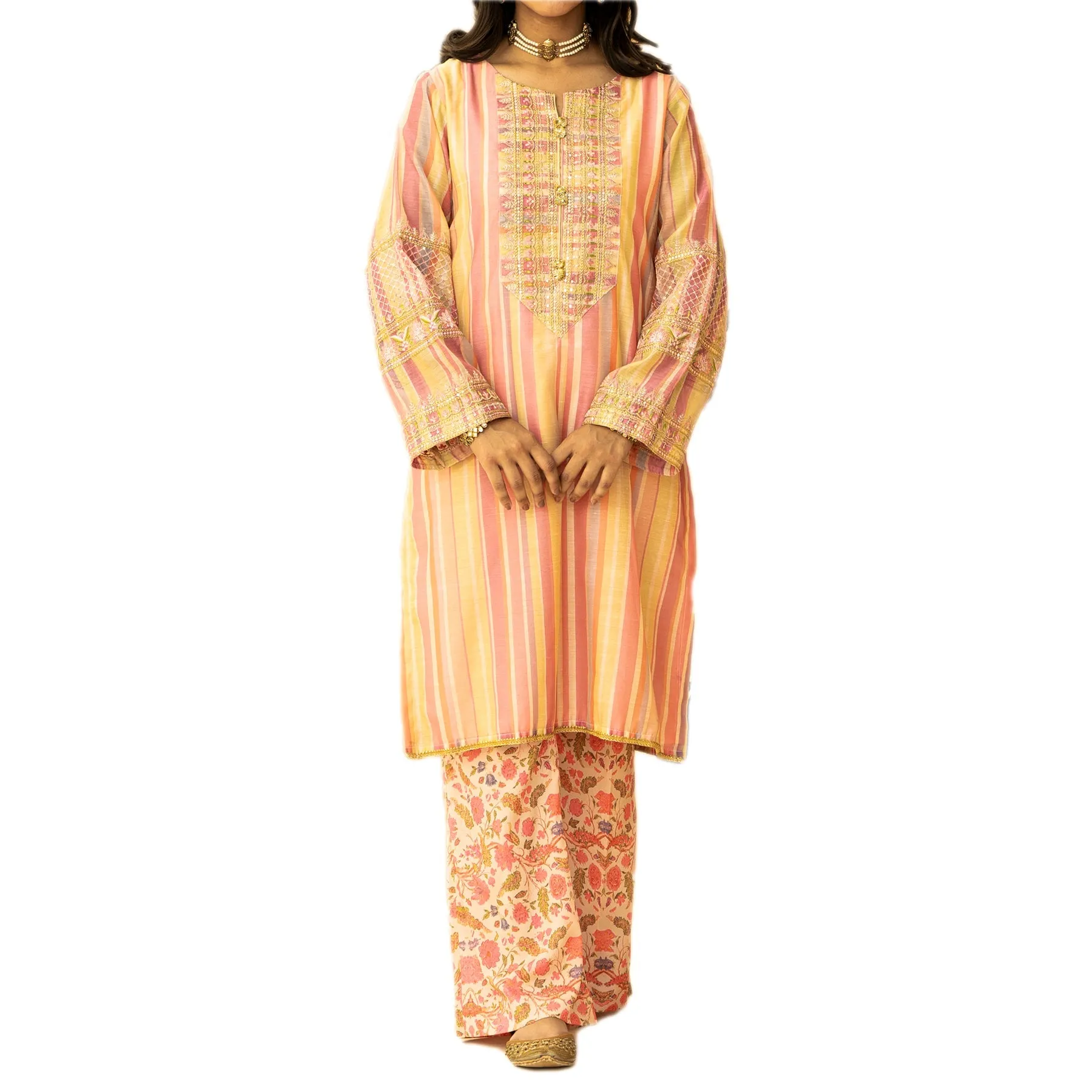 2PC- Embroidered Paper Cotton Shirt With Printed Trouser PS3108