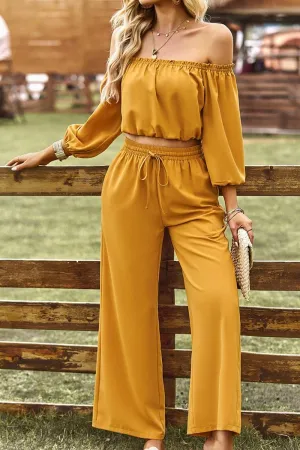 BALLON OFF SHOULDER CROP TOP AND WIDE PANTS SET