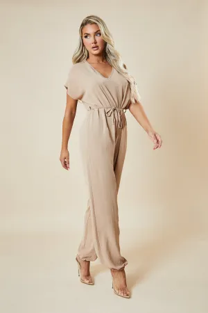 Beige V-Neck Oversized Tie Detail Jumpsuit - Sammie