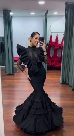 Black Chic Mermaid Long Sleeve Ruffles Formal Prom Dress Evening Gown,DP333