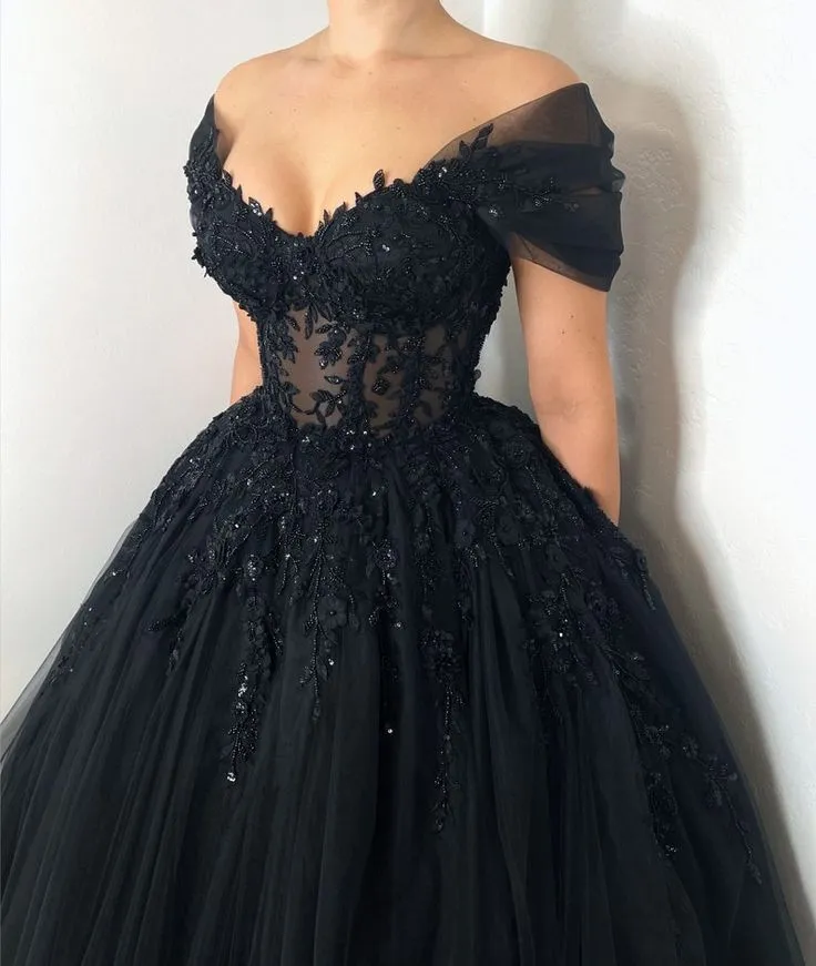 Black Gothic Floral Beaded Corset Tulle Alternative Wedding Dress Long Prom Dress,DP834