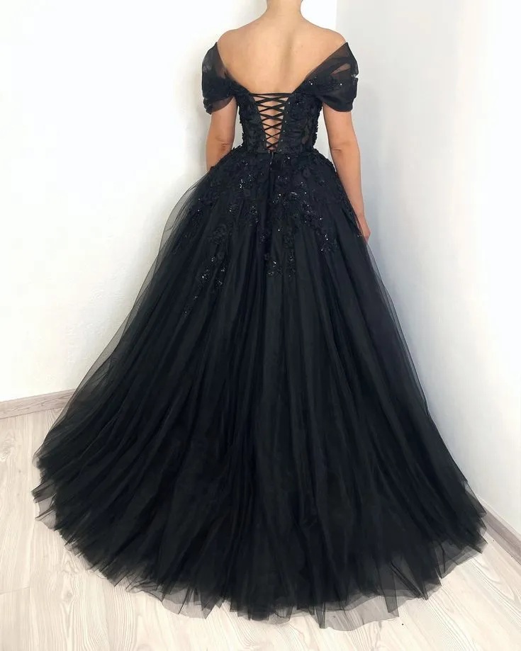 Black Gothic Floral Beaded Corset Tulle Alternative Wedding Dress Long Prom Dress,DP834