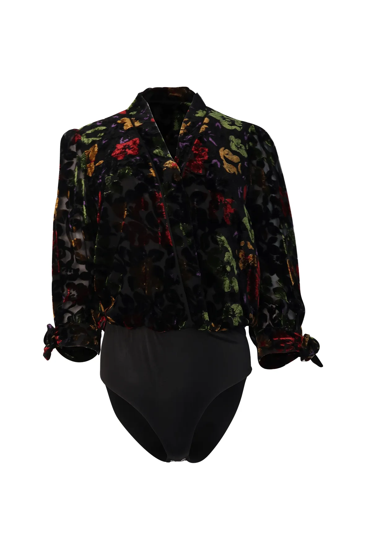 Black Long Sleeve Bodysuit With Multicolour Floral Prints