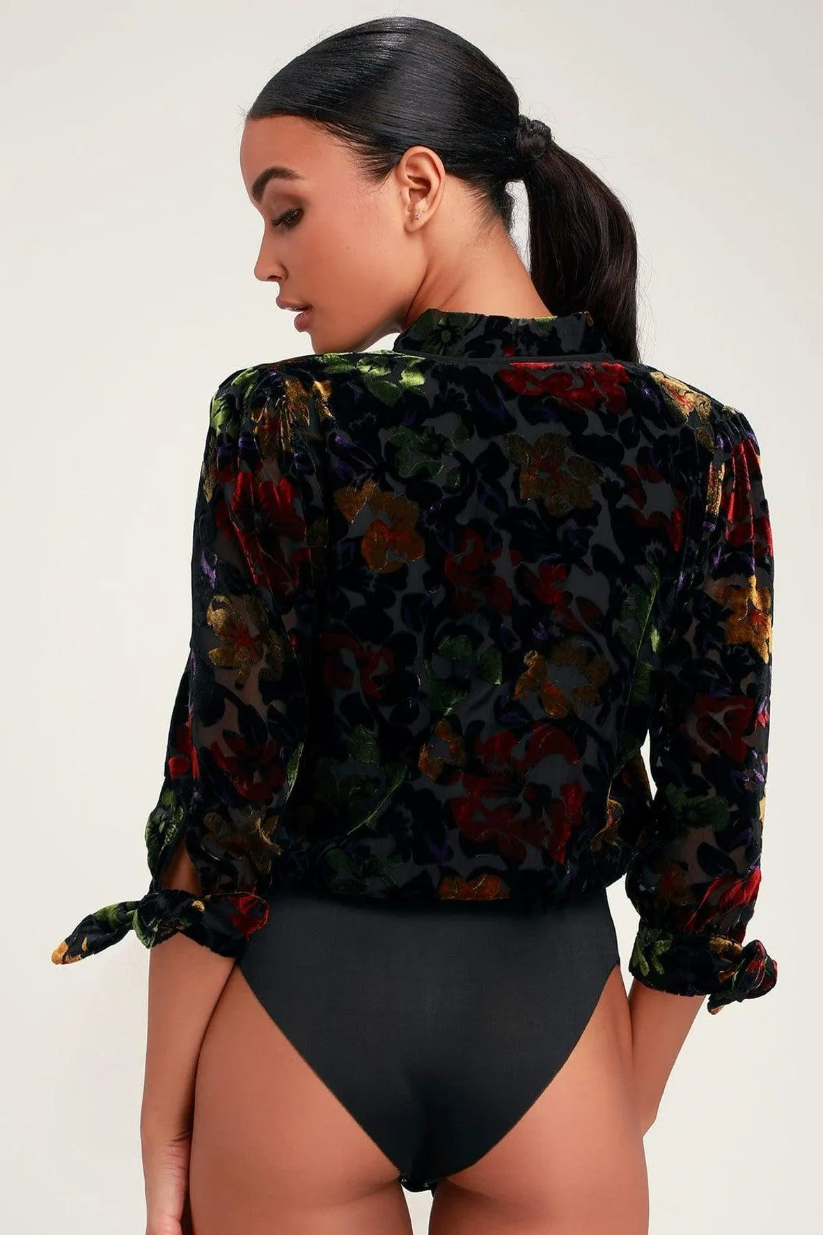 Black Long Sleeve Bodysuit With Multicolour Floral Prints