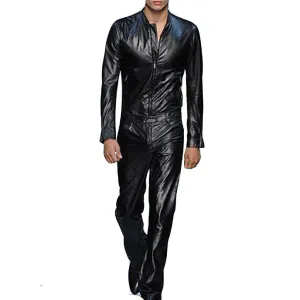 Black Men's Classic Style Leather Runaway Jumpsuit - Iconic Fashion