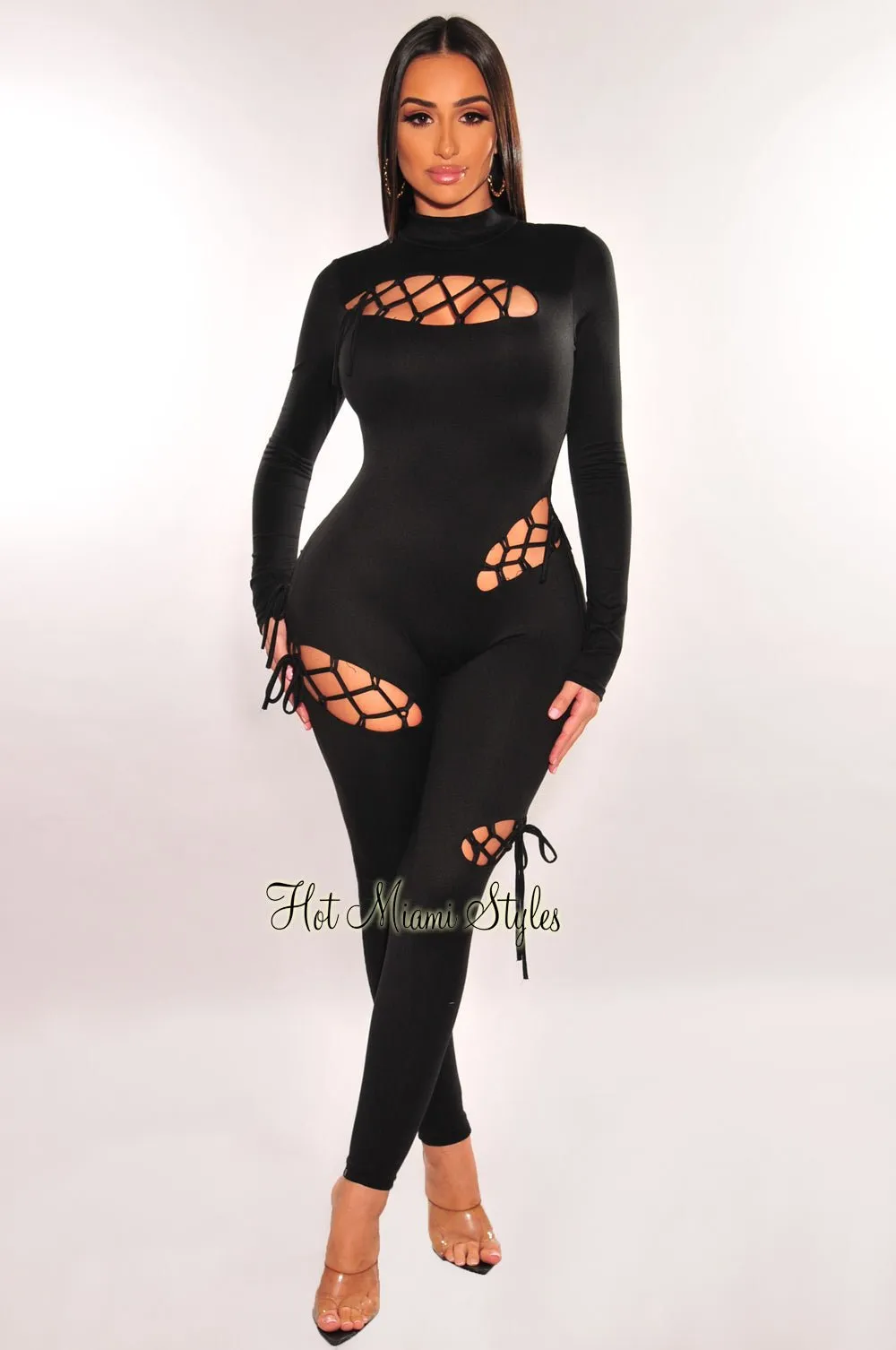 Black Mock Neck Cut Out Lace Up Long Sleeve Jumpsuit