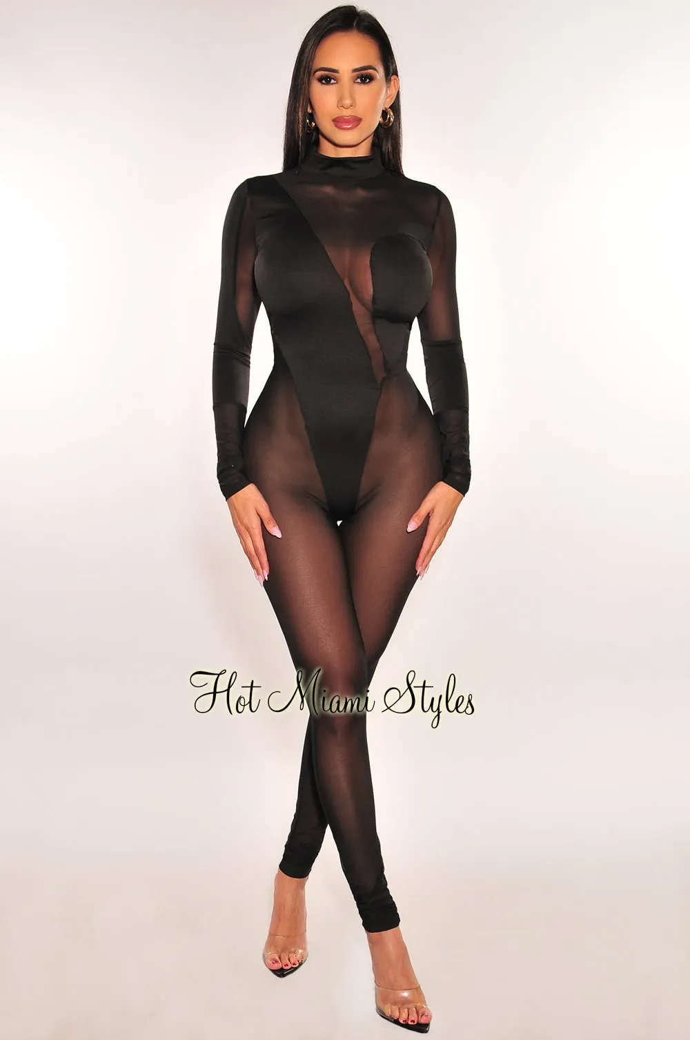 Black Mock Neck Sheer Mesh Long Sleeve Jumpsuit