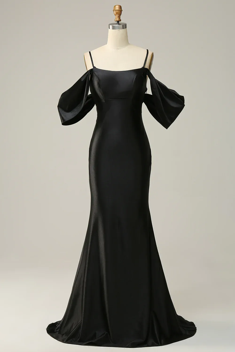 Black Off Shoulder Open Back Satin Mermaid Long Prom Dress,DP1534