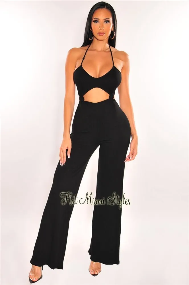 Black Ribbed Halter Knotted Cut Out Palazzo Jumpsuit