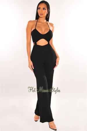 Black Ribbed Halter Knotted Cut Out Palazzo Jumpsuit