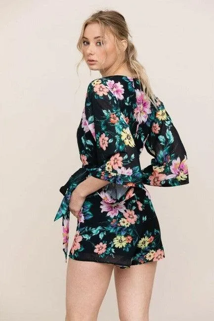 Black Romper With Multiclour Floral Prints And Belt