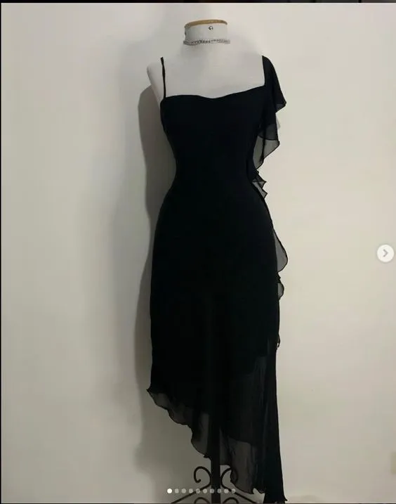 Black Straps Formal Midi Party Dress Cocktail Dress with Ruffles, DP3066