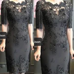 black tassel evening dresses short lace appliqué beaded mother of the bride dresses 2020 mermaid modest evening gown