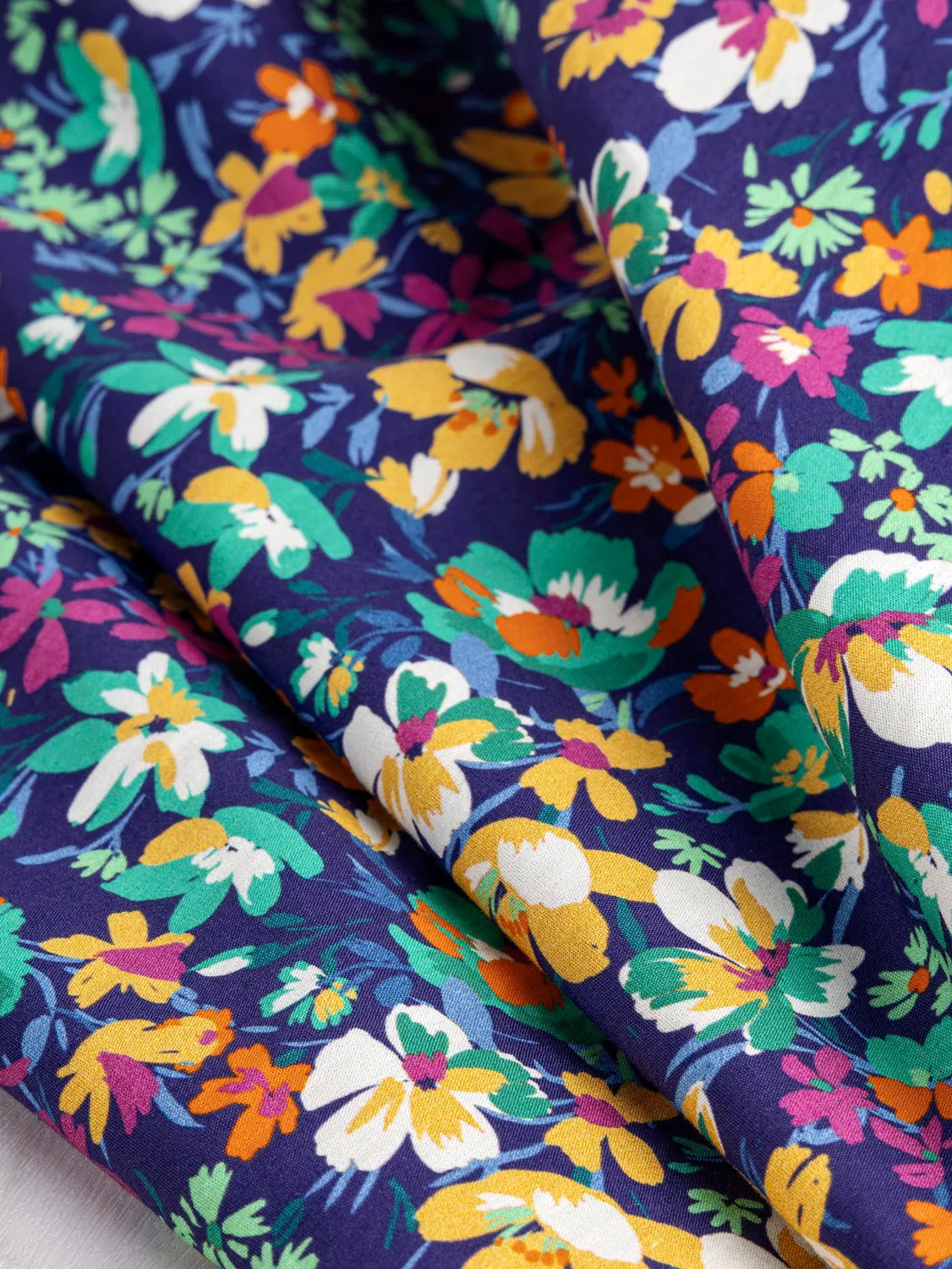 Blooming Floral Print Cotton Poplin - Navy   Magenta   Emerald   Yellow