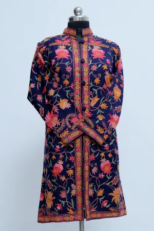 Blue Colour Aari Work Embroidered Jacket With New Designer Kashmiri Floral Pattern