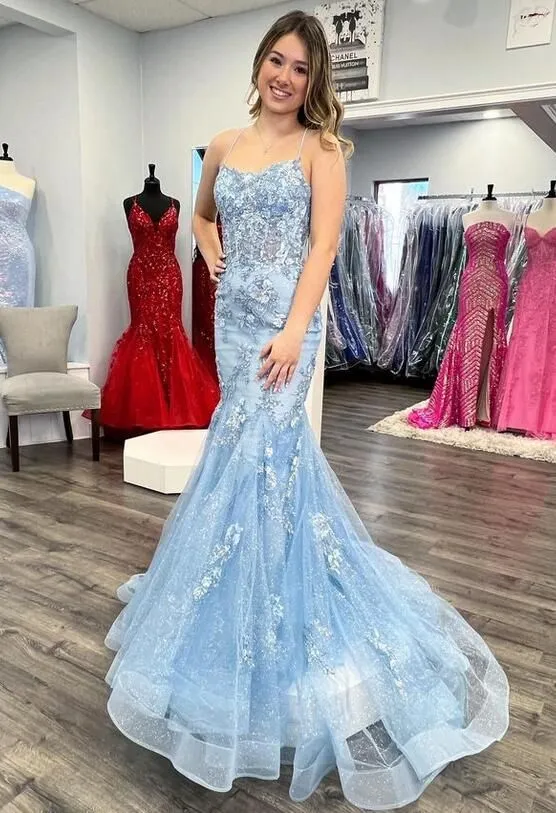 Blue Straps Sparkly Mermaid Long Prom Dresses Party Dresses,DP0217