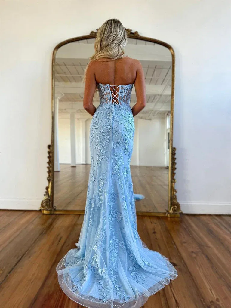 Blue Sweetheart Neck Tulle Mermaid Appliques Long Prom Dress,DP1218