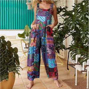 Bohemian Retro Ethnic Patchwork Floral Loose Wide Leg Jumpsuit Playsuit