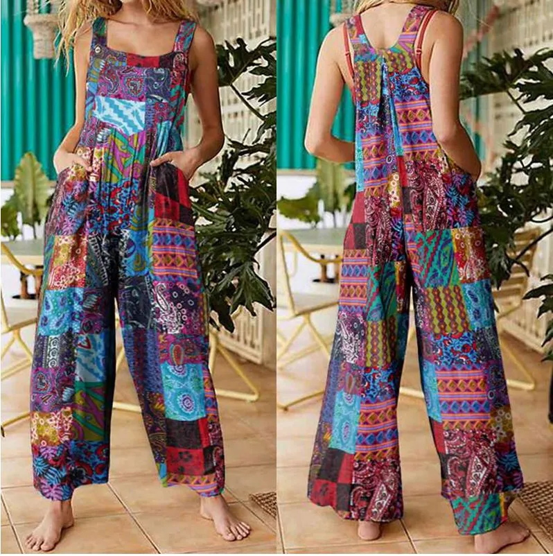 Bohemian Retro Ethnic Patchwork Floral Loose Wide Leg Jumpsuit Playsuit