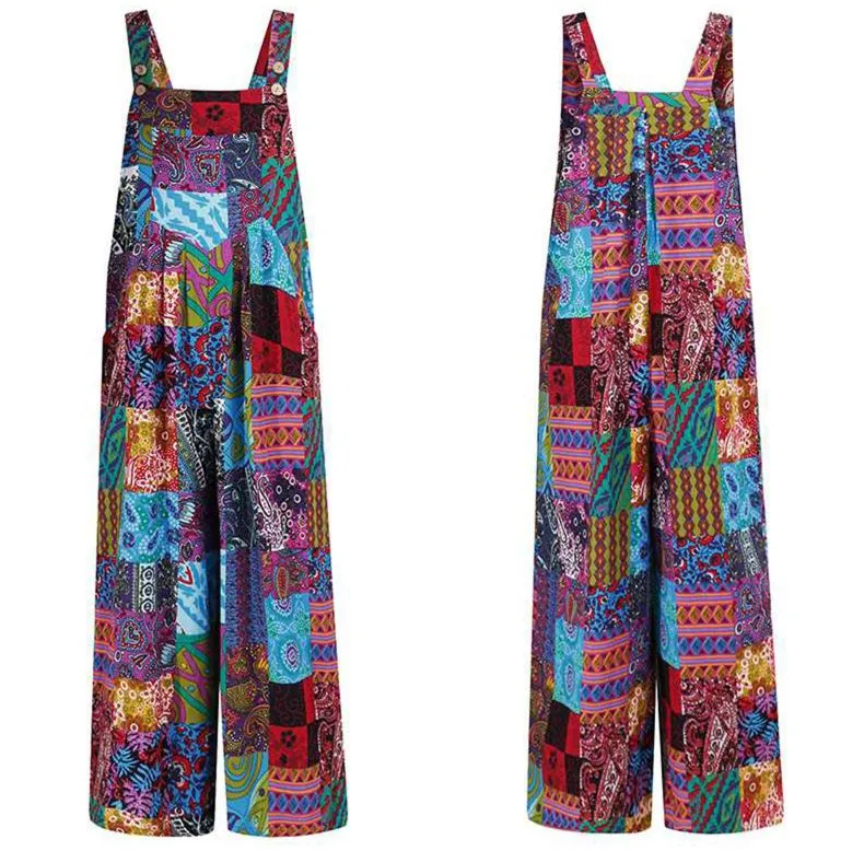 Bohemian Retro Ethnic Patchwork Floral Loose Wide Leg Jumpsuit Playsuit