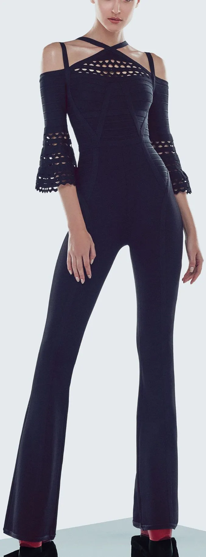 'Cayleigh' Flared-Sleeve Cutout Jumpsuit - Black or Blue