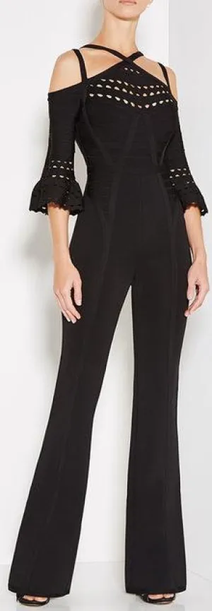 'Cayleigh' Flared-Sleeve Cutout Jumpsuit - Black or Blue