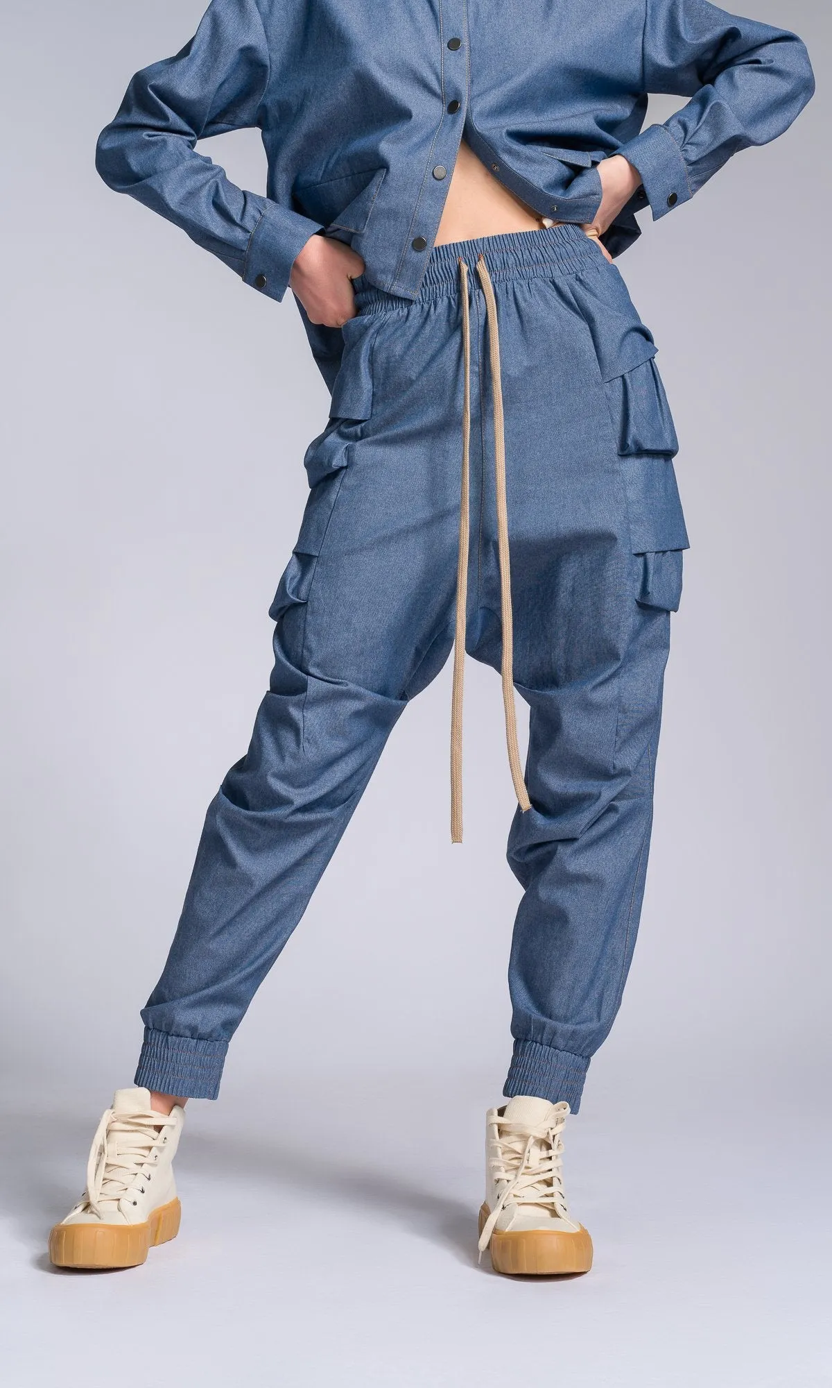 Chambray Pants with Layered Pockets