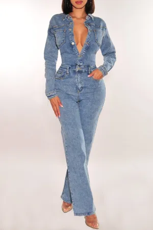 Denim Long Sleeve Collared Button Up Jumpsuit