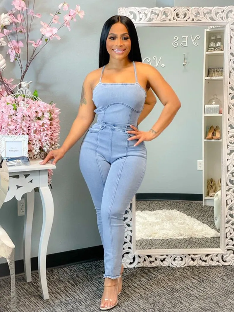 Echoine Summer Sexy Backless Lace Up Bandage Jumpsuit Women Blue Skinny Bodycon Denim Rompers Clubwear Outfits Jeans Overalls