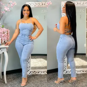 Echoine Summer Sexy Backless Lace Up Bandage Jumpsuit Women Blue Skinny Bodycon Denim Rompers Clubwear Outfits Jeans Overalls