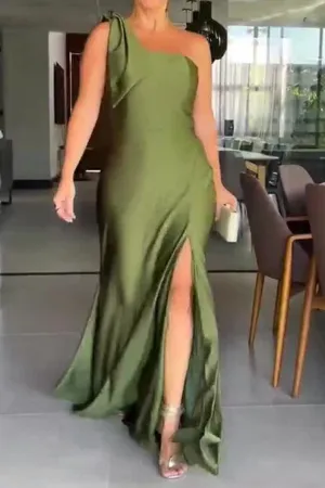 Elegant Olive Green One Shoulder Party Dresses Mermaid Prom Dresses