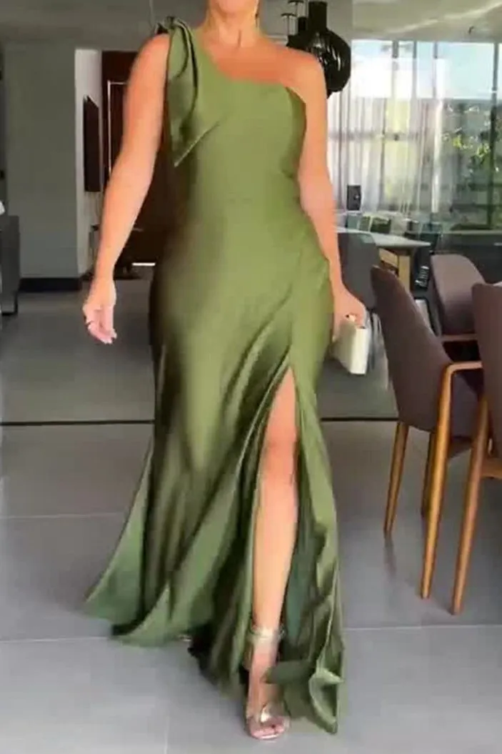 Elegant Olive Green One Shoulder Party Dresses Mermaid Prom Dresses