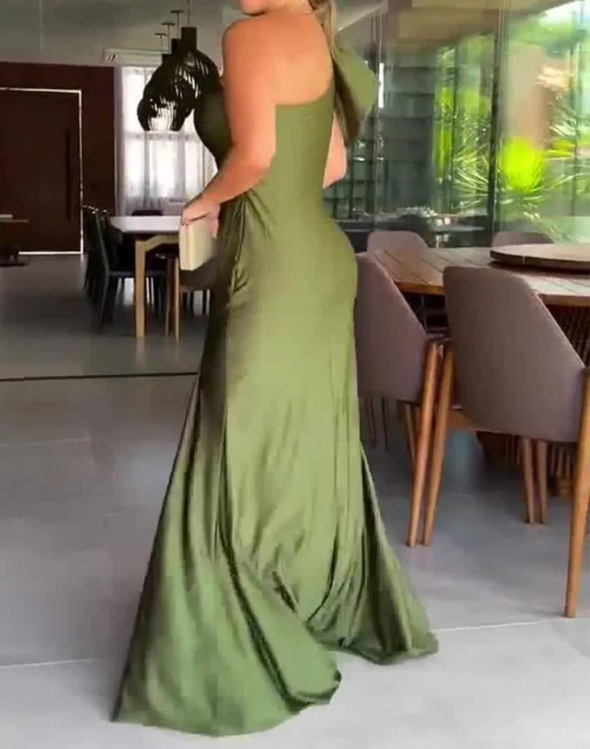 Elegant Olive Green One Shoulder Party Dresses Mermaid Prom Dresses