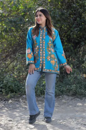 Firozi Color Aari Work Embroidered Jacket With Beautiful Designer Pattern Defines Sophistication.