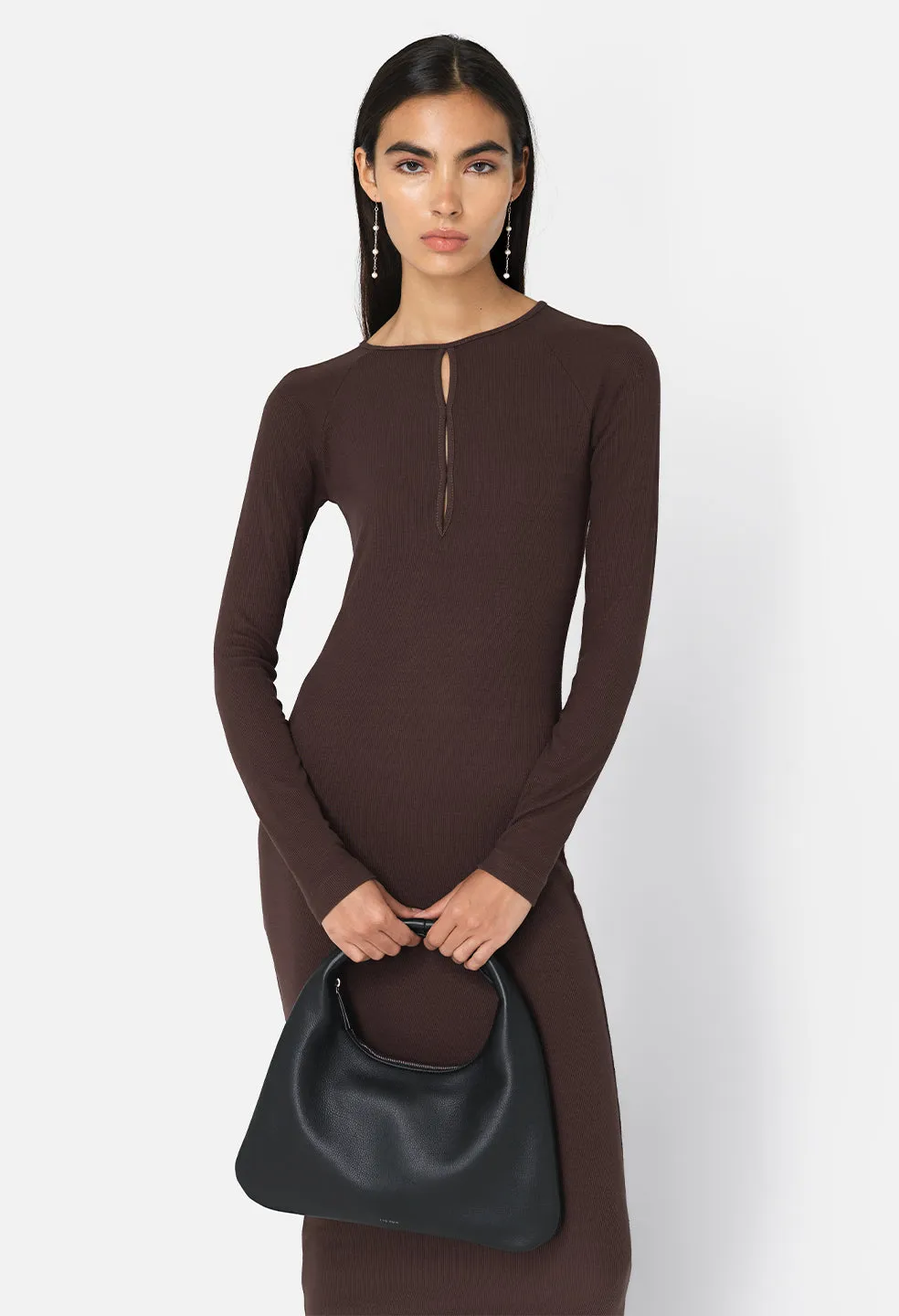 Gemini Rib Ls Keyhole Midi Dress / Chocolate Brown