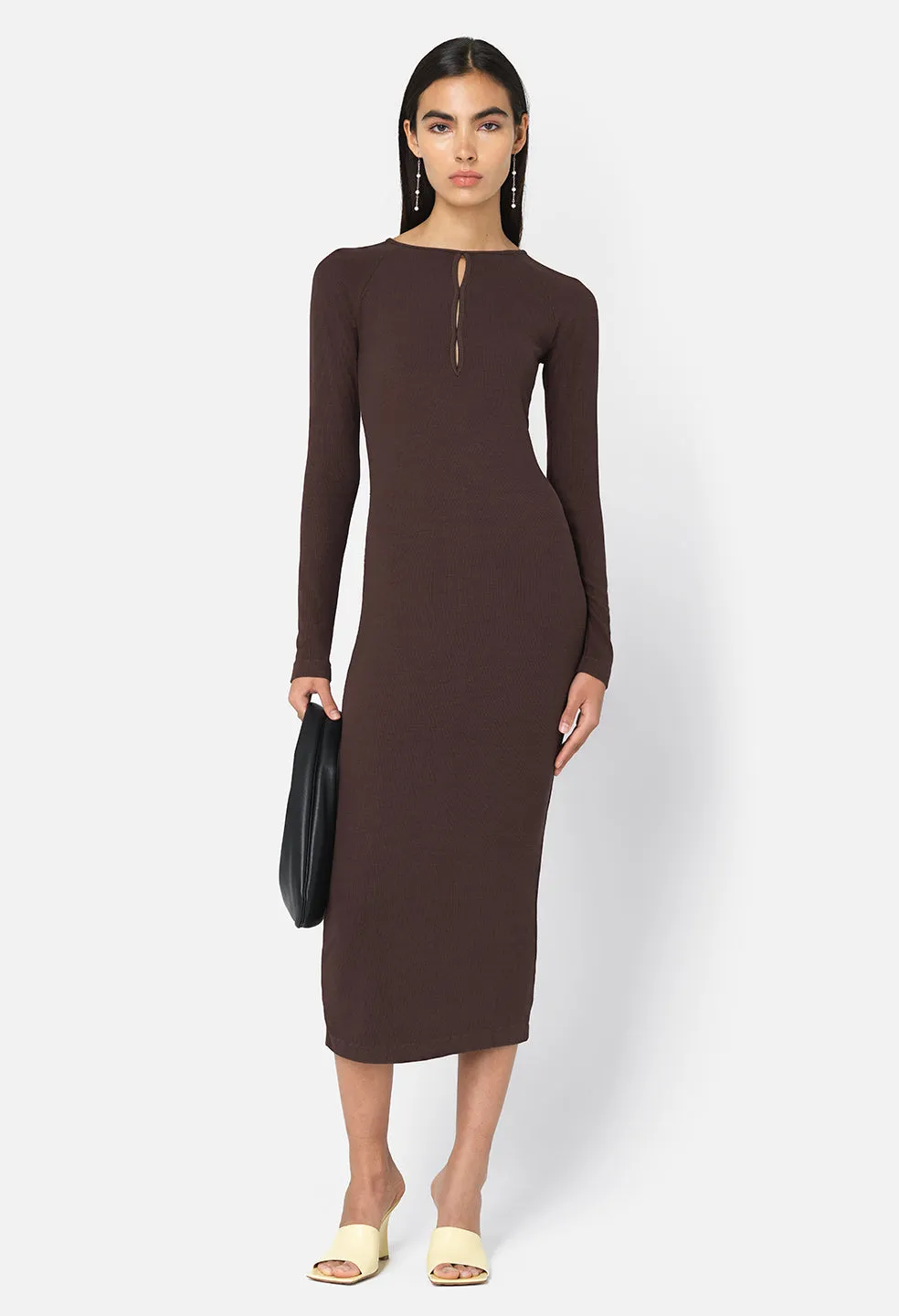 Gemini Rib Ls Keyhole Midi Dress / Chocolate Brown