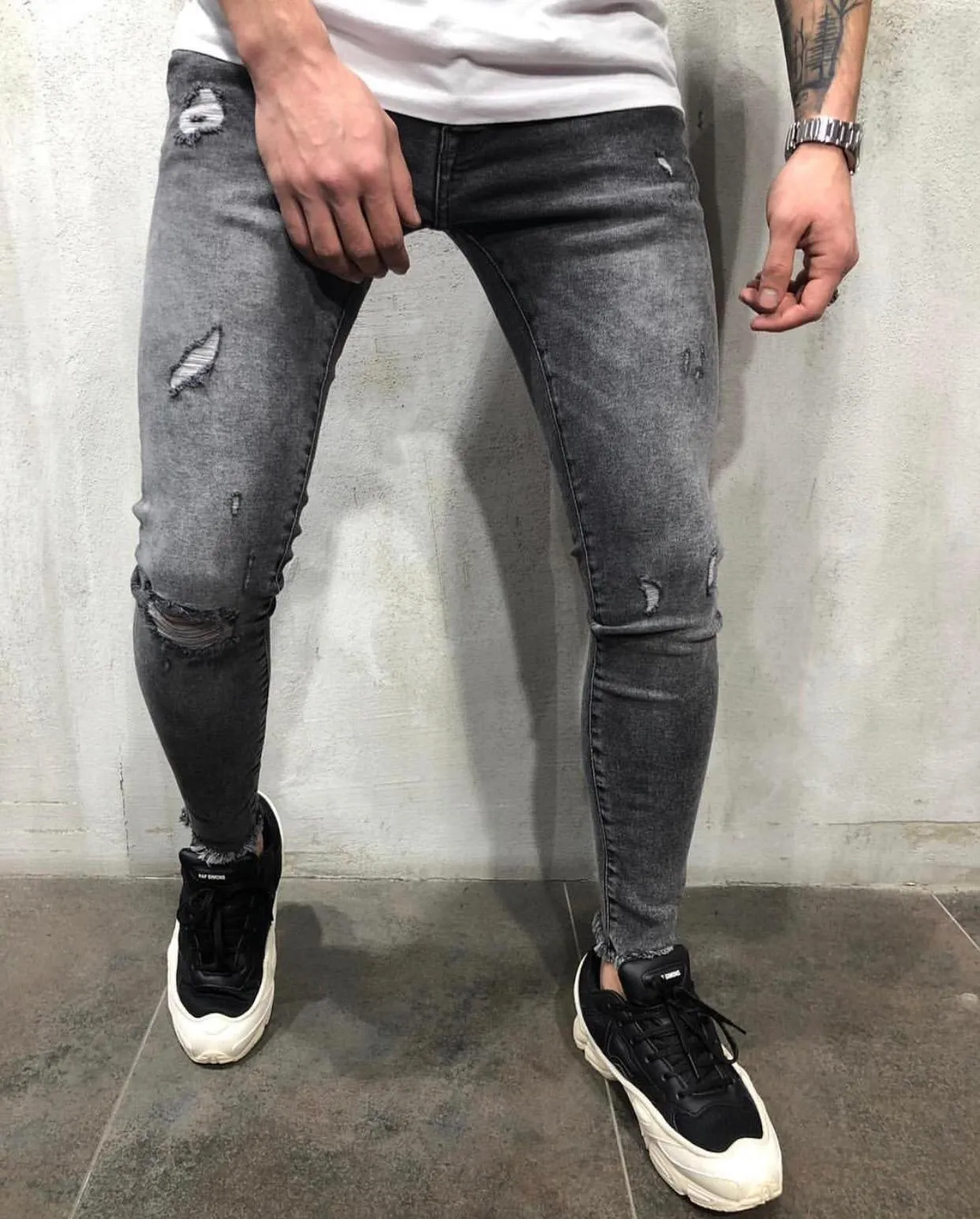 Gray Washed Ripped Skinny Jeans AY607 Streetwear Jeans