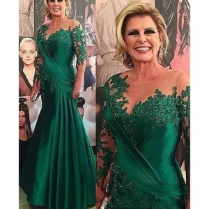 green lace applique evening dresses long sleeve mermaid beaded mermaid evening gown mother of the bride dresses