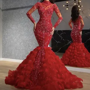 high neck sparkly evening dresses long sleeve mermaid floral lace applique beaded red evening gown