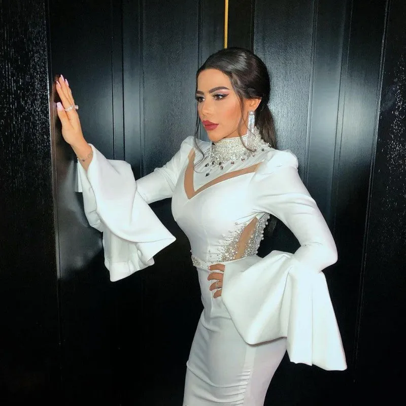 high neck white evening dresses long sleeve elegant mermaid modest beaded sexy formal party dresses