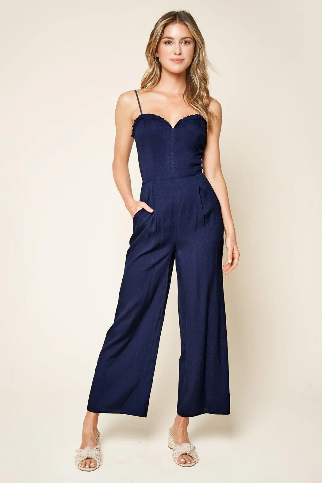 Lola Ruffled Wide Leg Navy Jumpsuit