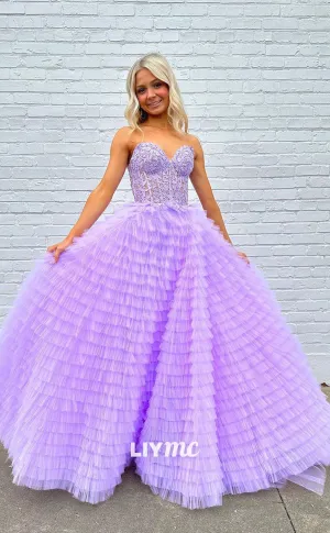 LP1295 - Sweetheart Strapless Tiered Lace Appliques Long Prom Dress