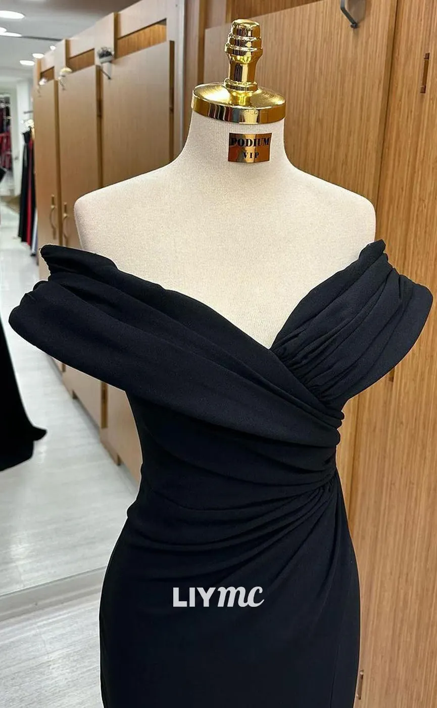 LP1338 -  Classic Mermaid Off-Shoulder Black Stain Ruched Long Prom Gown