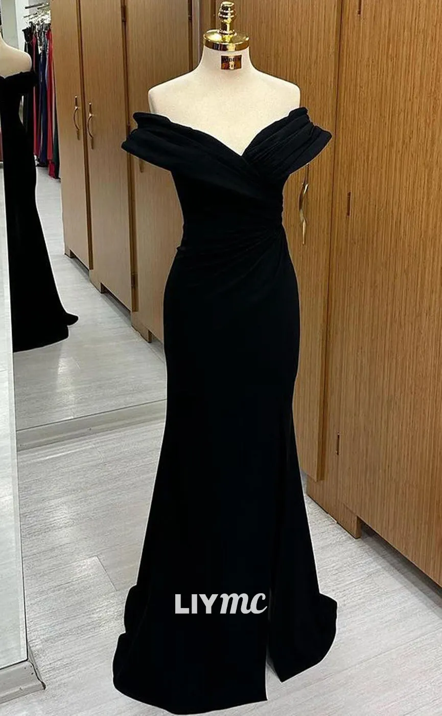 LP1338 -  Classic Mermaid Off-Shoulder Black Stain Ruched Long Prom Gown