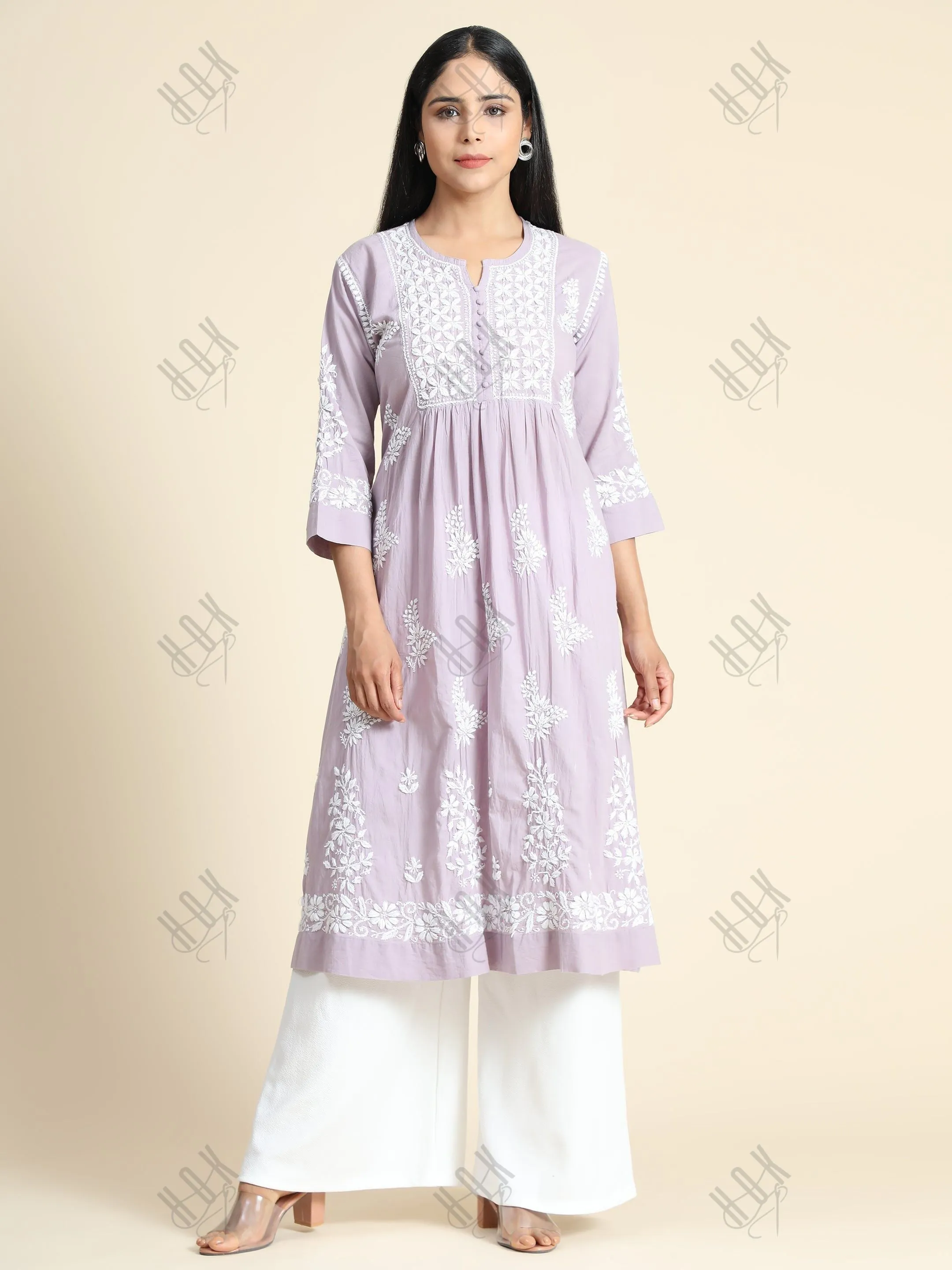 Nandini in Hand Embroidery Chikankari Long Kurti for Women | Stylish Casual | Fancy| Lavender & White-9