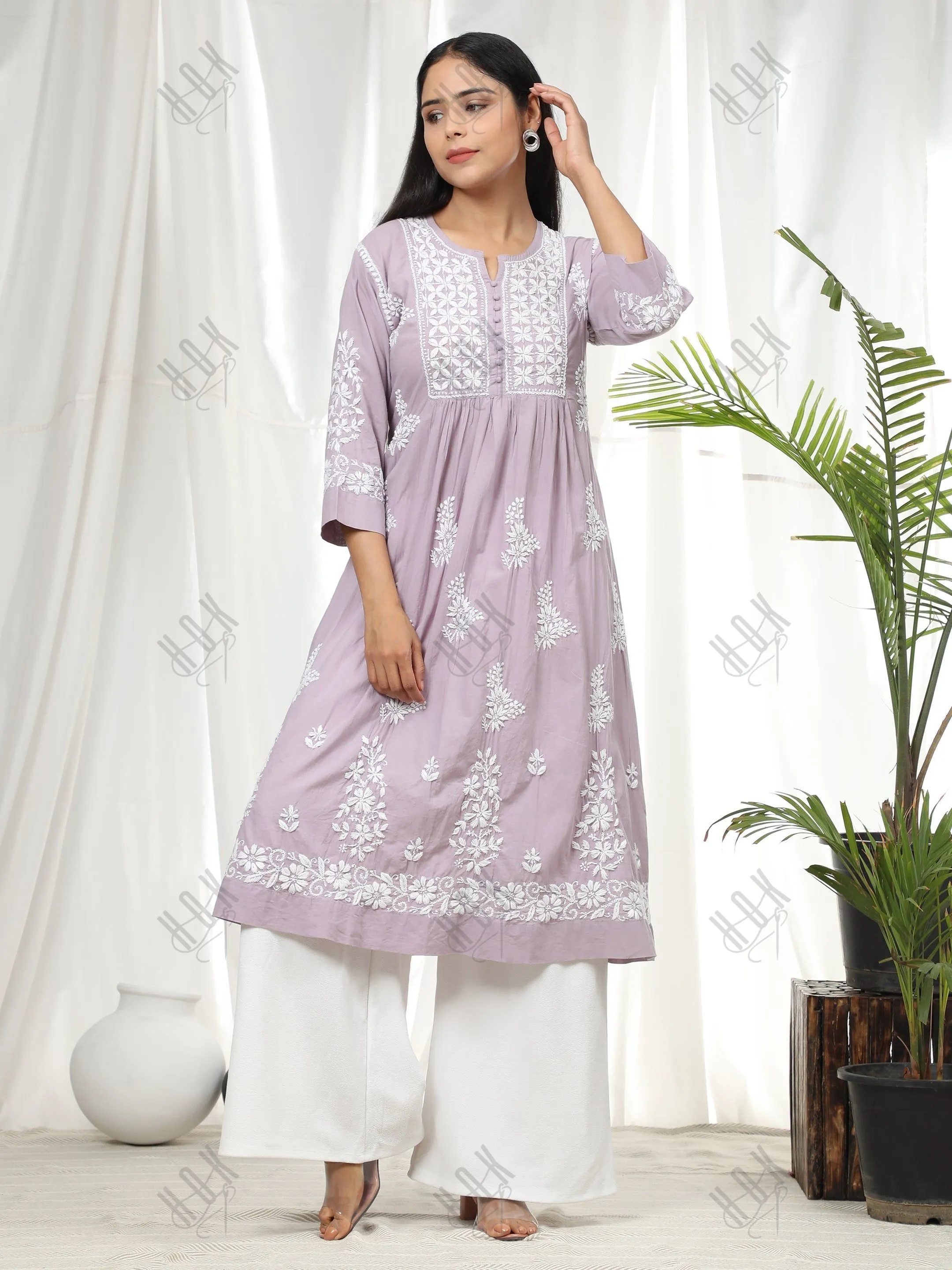 Nandini in Hand Embroidery Chikankari Long Kurti for Women | Stylish Casual | Fancy| Lavender & White-9