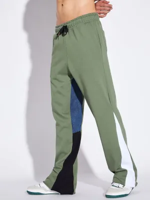 Olive Denim Panel Flared Trackpants