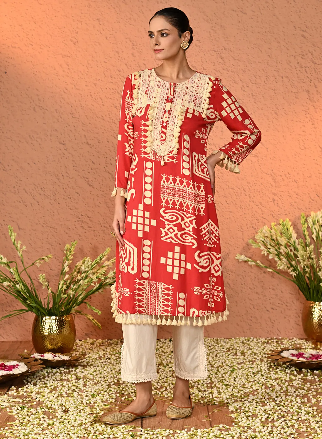 Pankh Cream Loose Fit Cotton Palazzos for Women