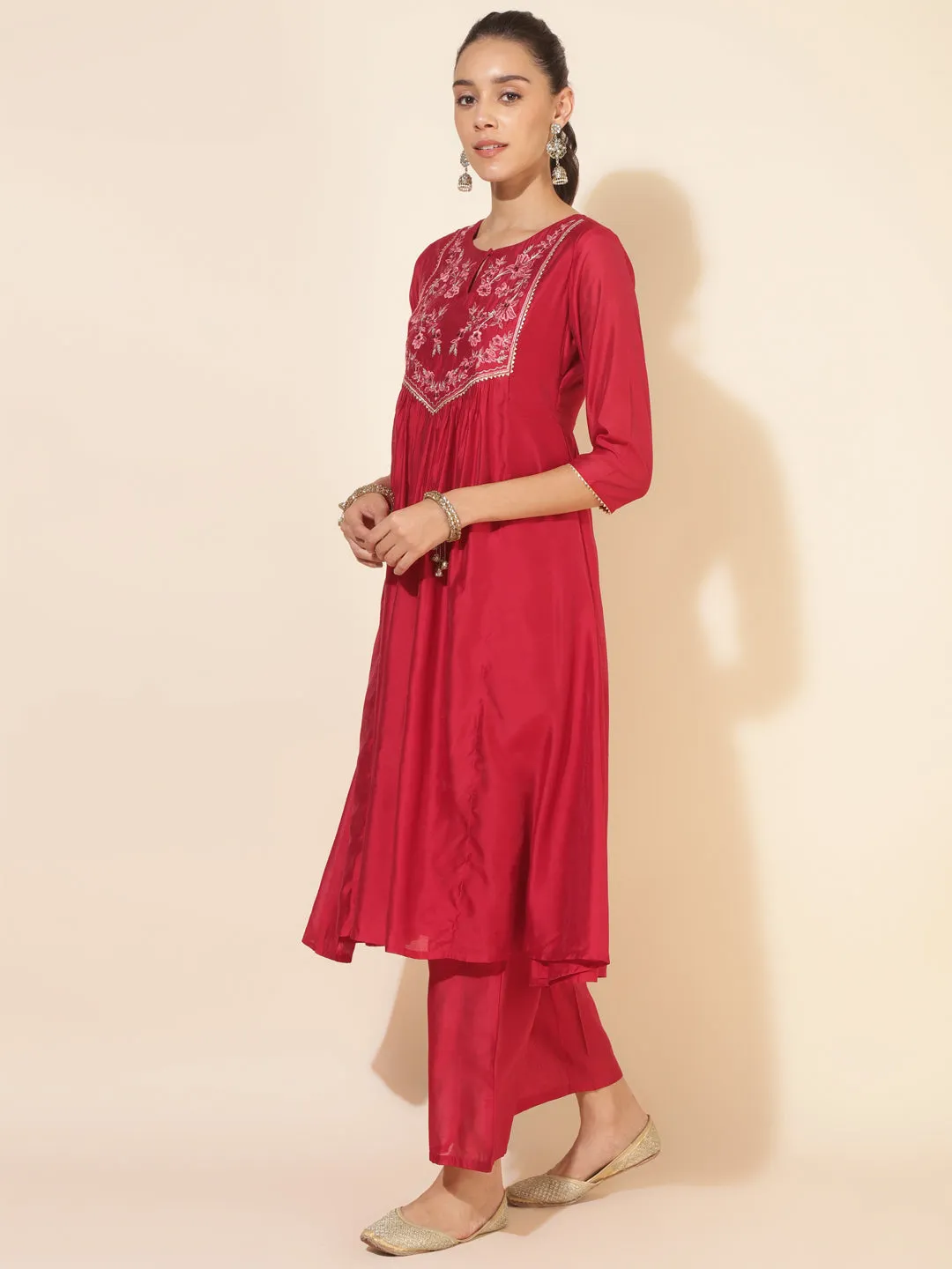 Red Chanderi Embellished Kurta with Palazzo and Dupatta